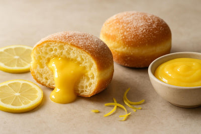 Filled doughnut cut open to show lemon curd