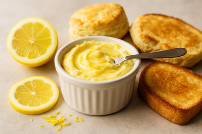 Lemon Honey Butter in a crock with warm biscuits
