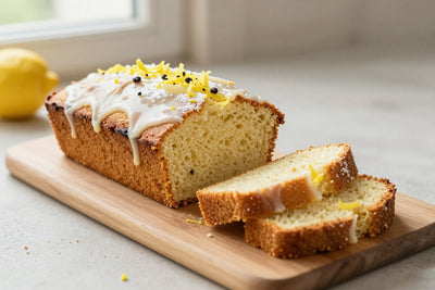 A loaf of lemon loaf on a wooden board, two thick slices cut to show the moist crumb