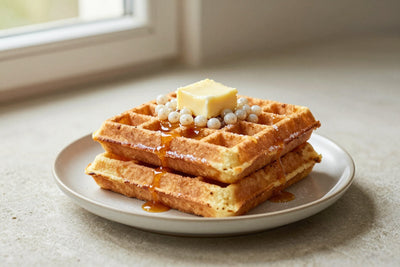 A stack of golden liege-style waffles on a plate with a pat of butter and the toppings from the recipe