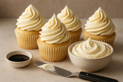 Cupcakes piped with Madagascar vanilla buttercream frosting