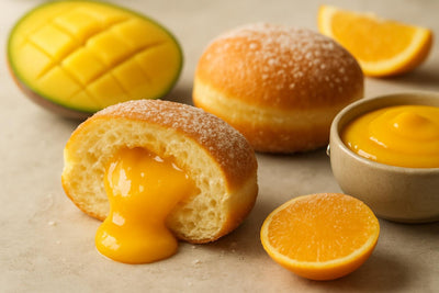 Filled doughnut cut open to show mango curd