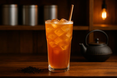 Mango Iced Tea in a glass on an oak bar