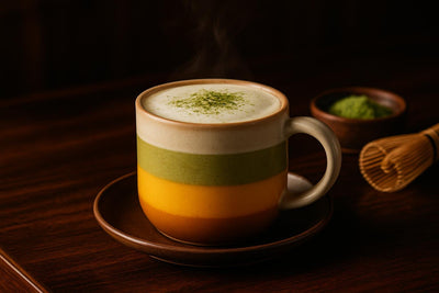Mango Matcha Latte in a ceramic mug on an oak bar