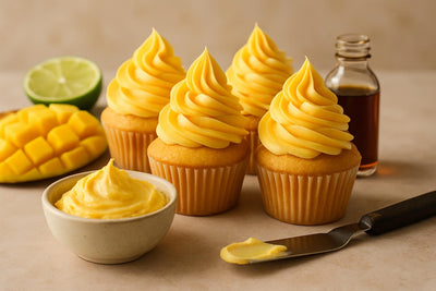 Cupcakes piped with mango Swiss meringue buttercream frosting