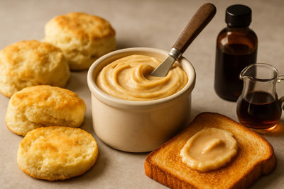Maple Butter in a crock with warm biscuits