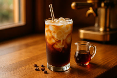 Maple Cold Brew in a glass on an oak café counter