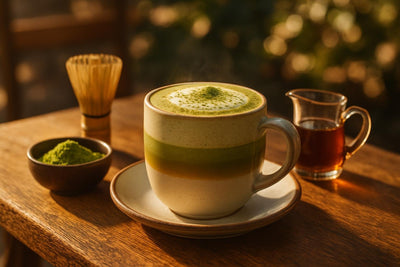 Maple Matcha Latte in a ceramic mug on an oak patio table