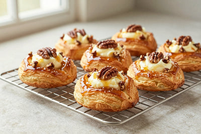 Maple pecan danish on a wire rack, the glossy filling visible in the center of each pastry