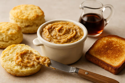 Maple Walnut Butter in a crock with warm biscuits
