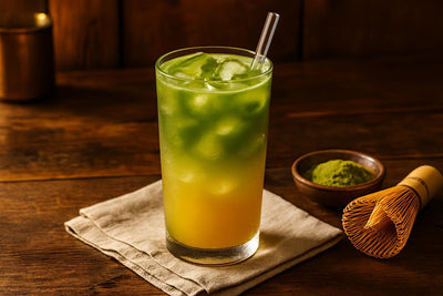 Matcha Lemonade in a glass on an oak table