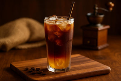 Mazagran in a glass on an oak serving board