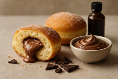 Filled doughnut cut open to show milk chocolate ganache filling