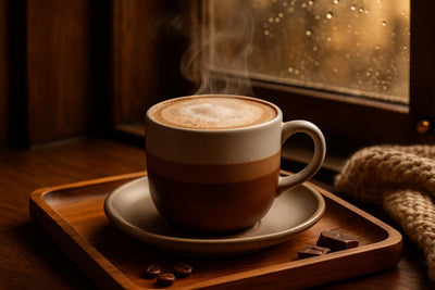 Milk Chocolate Mocha in a ceramic mug on an oak tray by a window