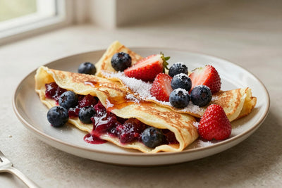 Folded mixed berry crêpes on a plate, the filling and toppings from the recipe clearly visible