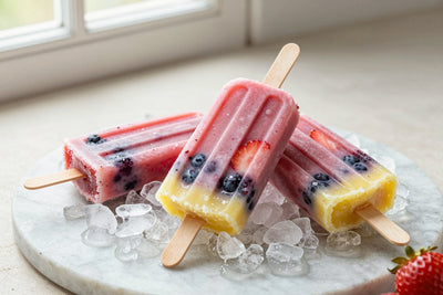Three mixed berry popsicles on a bed of crushed ice on a light marble surface, one with a bite taken out