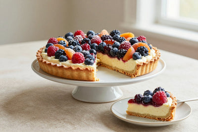 A mixed berry tart on a cake stand with one slice cut out and served on a small plate