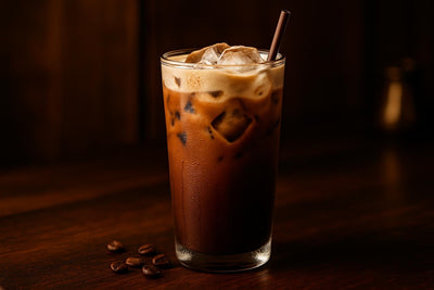 Mocha Cold Brew in a glass on an oak bar