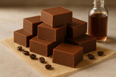 Squares of mocha fudge on parchment