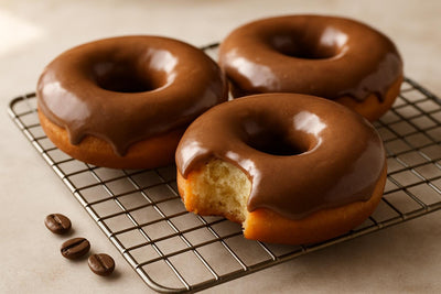 Doughnuts finished with mocha glaze on a cooling rack