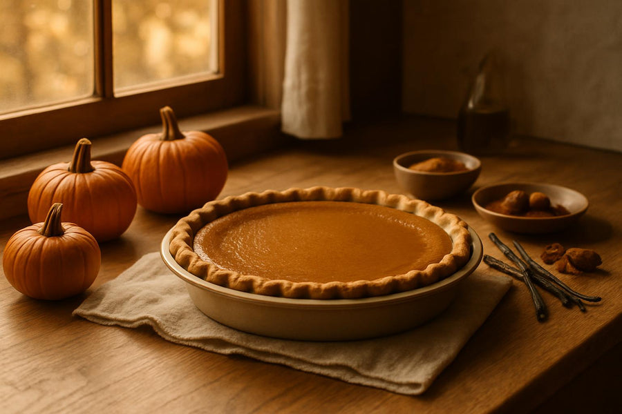 Homemade pumpkin pie with fresh pumpkins and vanilla beans on rustic kitchen counter for National Pumpkin Day