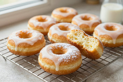 Fresh old-fashioned buttermilk cake doughnuts on a wire cooling rack, one broken open to show the tender inside