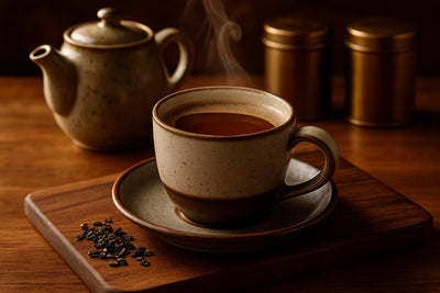 Oolong Tea in a ceramic mug on an oak serving board