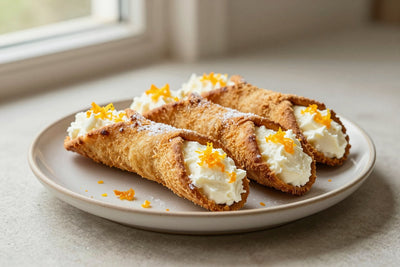 Orange cannoli on a plate, crisp shells with the creamy filling piped out of both ends