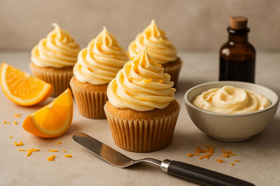 Cupcakes piped with orange cream cheese frosting