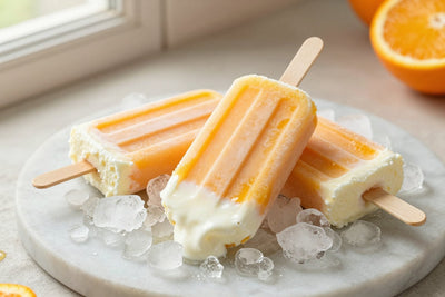 Three orange creamsicle pops on a bed of crushed ice on a light marble surface, one with a bite taken out