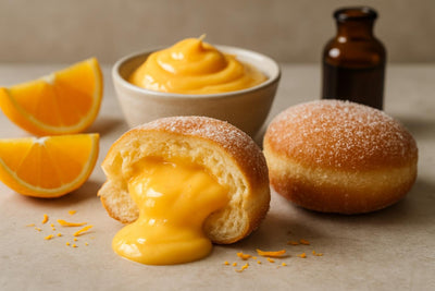Filled doughnut cut open to show orange custard