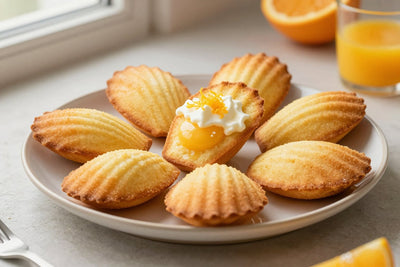 Shell-shaped orange madeleines on a plate, showing their golden humps and ridged sides