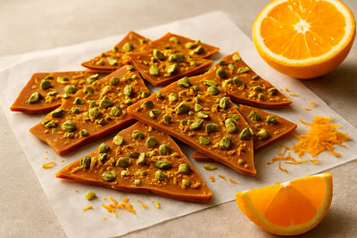 Shards of orange pistachio bark on parchment