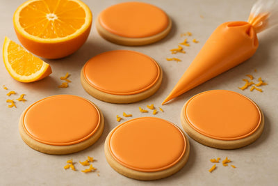 Sugar cookies decorated with orange royal icing