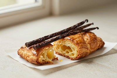 Golden, flaky pain au chocolat on parchment, one torn open to show the honeycomb layers
