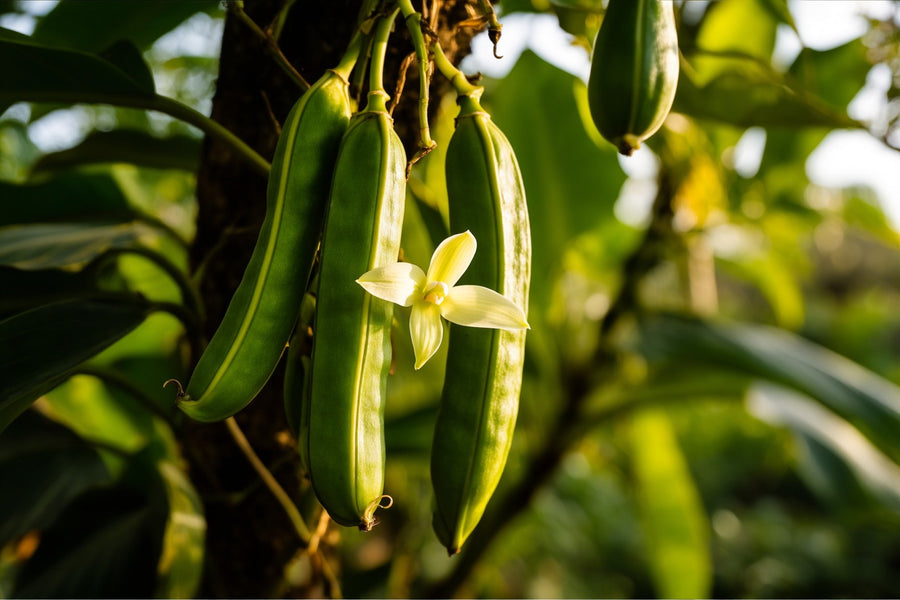 Green vanilla pods and a pale vanilla orchid flower on the vine on a Veracruz vanilla farm