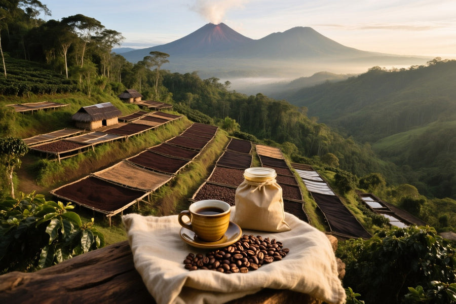 Papua New Guinea coffee farm in volcanic highlands with smallholder drying beds and mountain backdrop