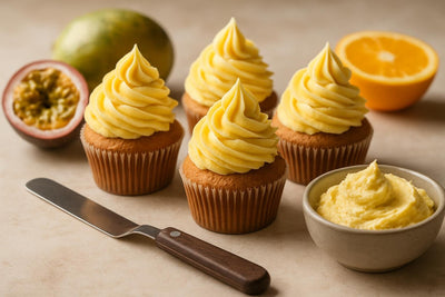 Cupcakes piped with passion fruit buttercream frosting