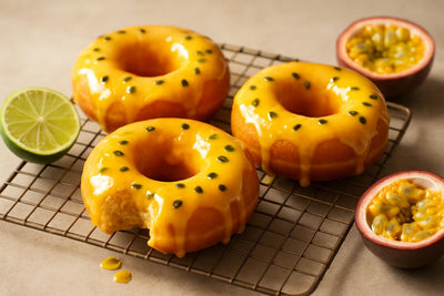 Doughnuts finished with passion fruit sauce on a cooling rack