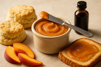 Peach Butter in a crock with warm biscuits