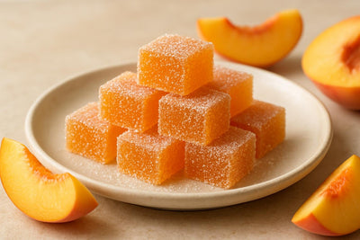 Squares of peach fruit jellies rolled in sugar