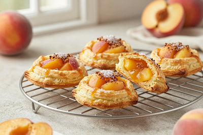 Golden peach turnovers on a wire rack, one cut open to show the filling