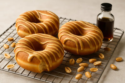 Doughnuts finished with peanut butter drizzle on a cooling rack