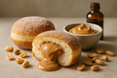 Filled doughnut cut open to show peanut butter fudge filling