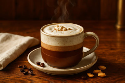 Peanut Butter Mocha in a ceramic mug on an oak table