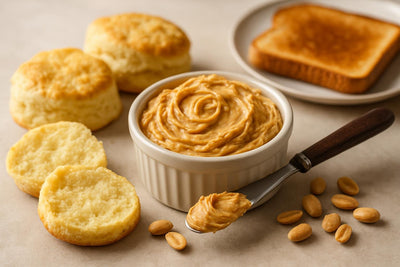 Peanut Butter Swirl Butter in a crock with warm biscuits