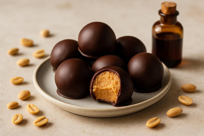 Peanut Butter Truffles on a plate, one bitten