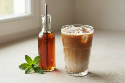 A small glass bottle of peppermint syrup with a pour spout, beside an iced latte sweetened with it