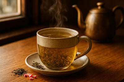 Peppermint Tea in a ceramic mug on an oak café counter