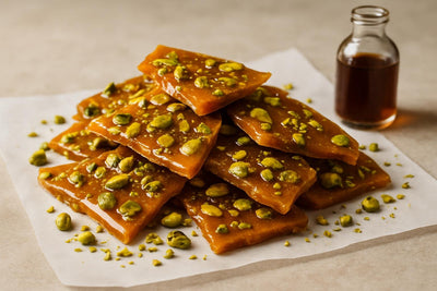 Shards of pistachio brittle on parchment